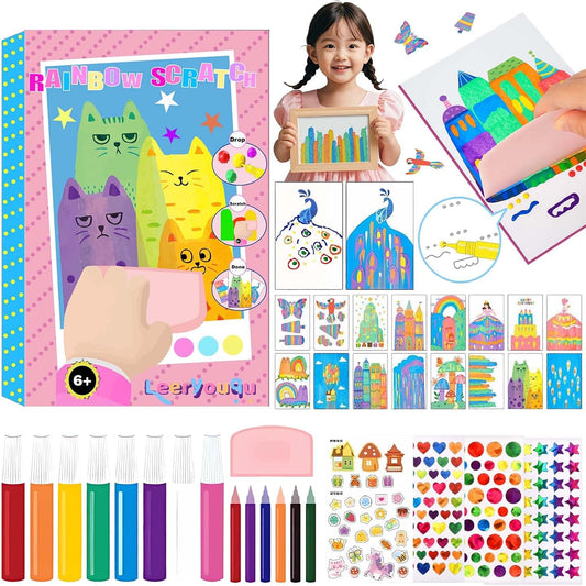 Squeegee Art Craft Kit, Creative Painting Kit for Kids, Rainbow Scratch Paper Art Set Notebooks, Magic Dot Scratch Painting Party DIY Gifts for Girls and Boys