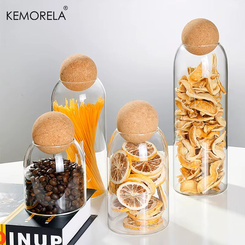 1PC Storage Glass Jar Transparent Bottle with Ball Cork Lid, Tank Sealed Tea Dried Fruit Cereal Snack Coffee Beans Cans