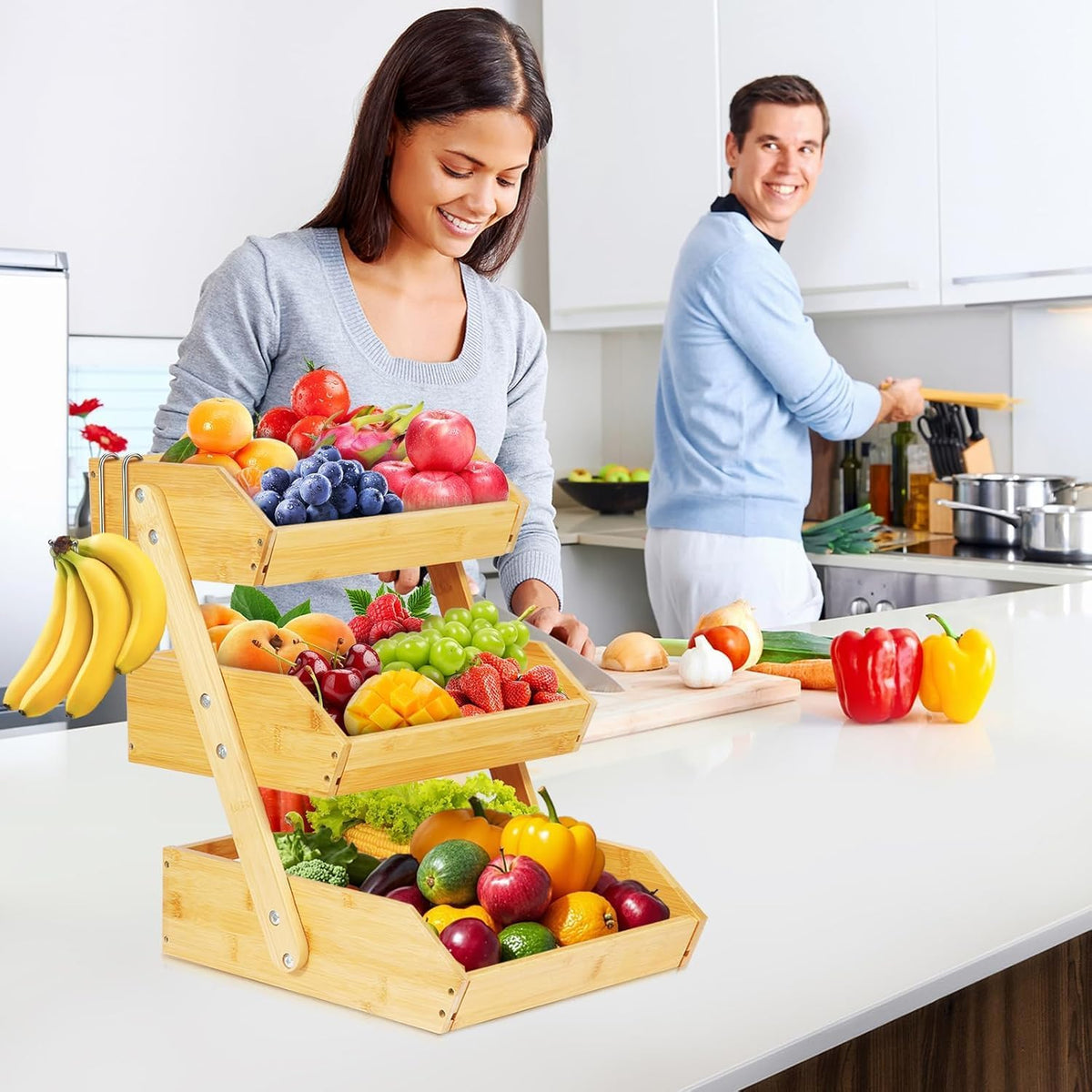 Natural Bamboo Fruit Basket 3 Tier for Kitchen Countertop Counter Top