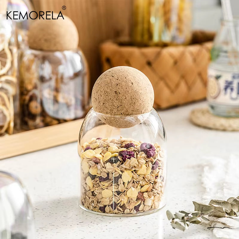 1PC Storage Glass Jar Transparent Bottle with Ball Cork Lid, Tank Sealed Tea Dried Fruit Cereal Snack Coffee Beans Cans