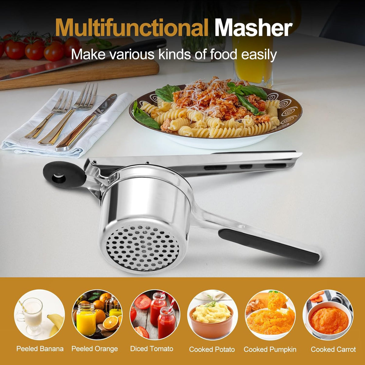 Potato Ricer, Heavy Duty Ricer for Mashed Potatoes, Large Potato Masher Stainless Steel with Ergonomic Handle, Efficiently for Fluffy Mashed Potatoes