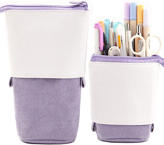 Telescopic Pencil Bag Pen Holder Stationery Case, PU Corduroy Stand-Up Retractable Transformer Bag Colorful Organizer, Great for Christmas Holiday