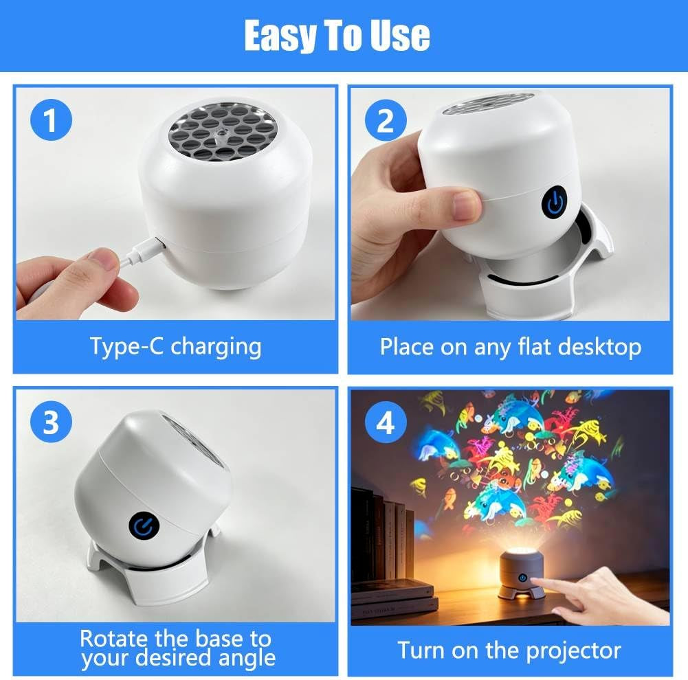 Dynamic Rotating LED Projector Light, Projector Lamp for Kids, Ocean World Projection Lamp, Adjustable Brightness, 360° Rotating Unique Base Design, for Meditation, Bedroom, Home Theater