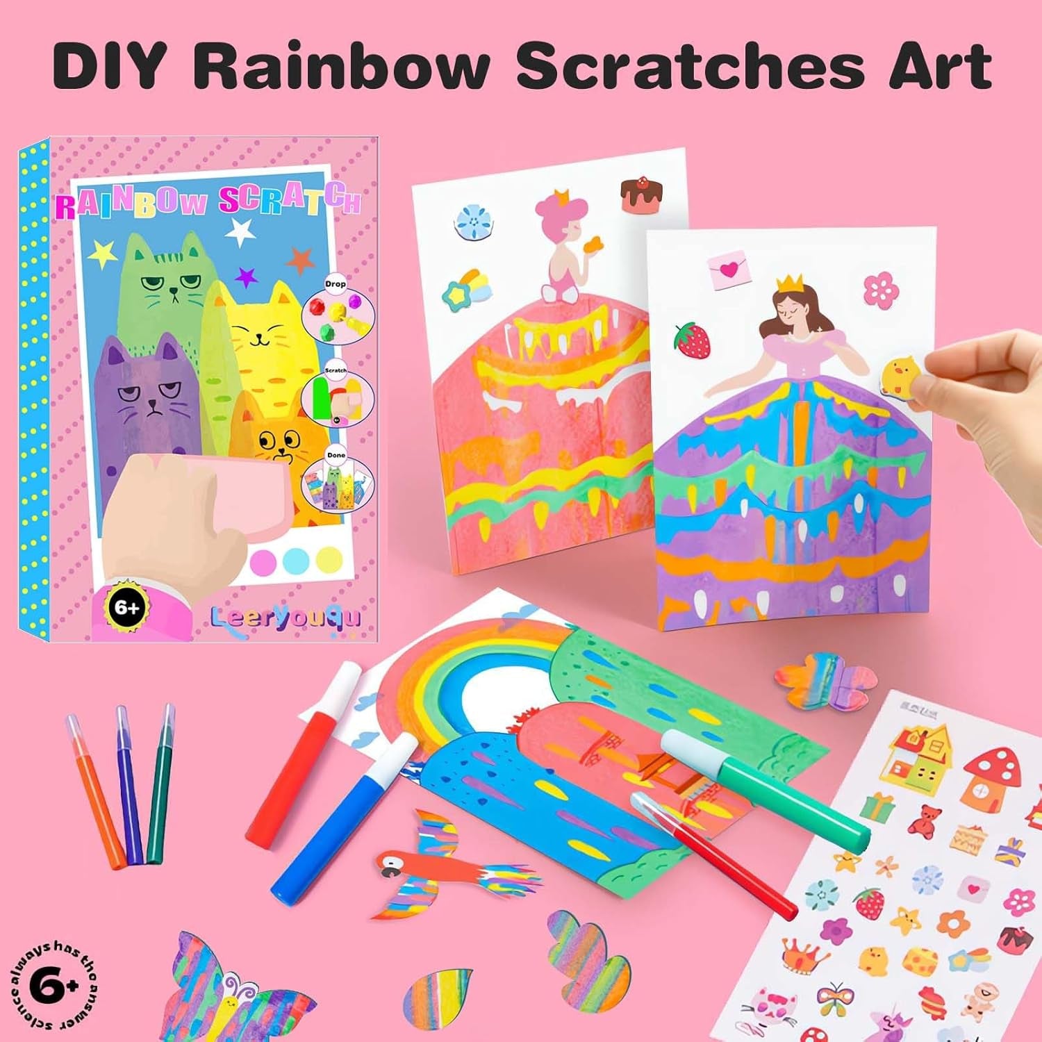 Squeegee Art Craft Kit, Creative Painting Kit for Kids, Rainbow Scratch Paper Art Set Notebooks, Magic Dot Scratch Painting Party DIY Gifts for Girls and Boys