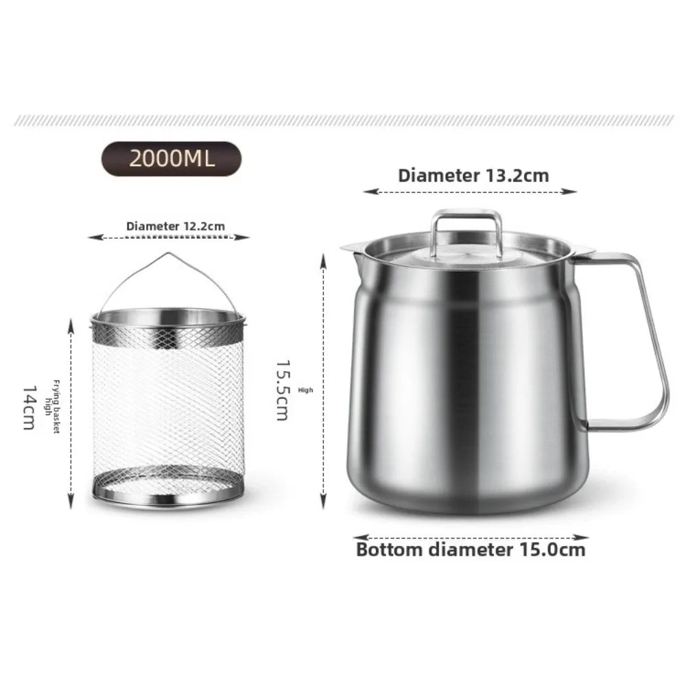 Stainless Steel 2L Deep Fryer Pot with Basket and Oil Strainer, 304 Stainless Steel Deep Frying Pot for French Fries, Chicken
