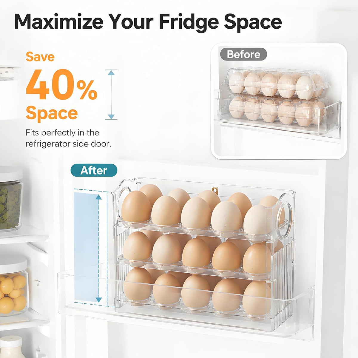 Egg Holder for Fridge, Holds 30 Eggs, Clear