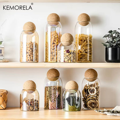 1PC Storage Glass Jar Transparent Bottle with Ball Cork Lid, Tank Sealed Tea Dried Fruit Cereal Snack Coffee Beans Cans